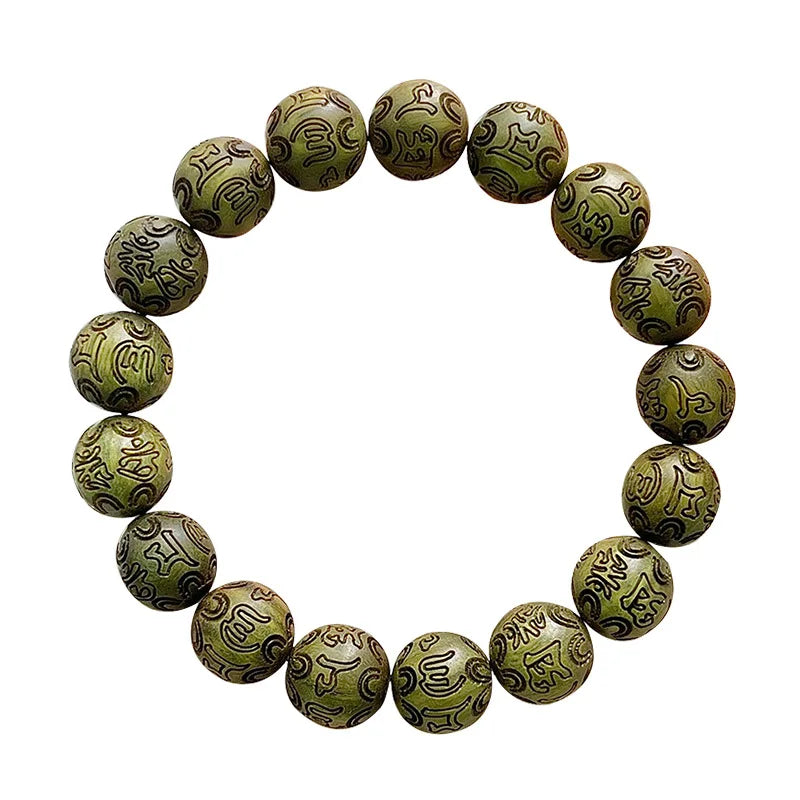 Green Sandalwood Carved Six-Character Mantra Bracelet Student Pliable Temperament Single Circle Sandalwood Wooden Prayer Beads C