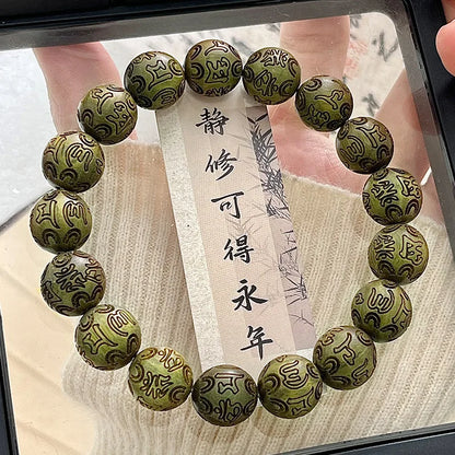 Green Sandalwood Carved Six-Character Mantra Bracelet Student Pliable Temperament Single Circle Sandalwood Wooden Prayer Beads C