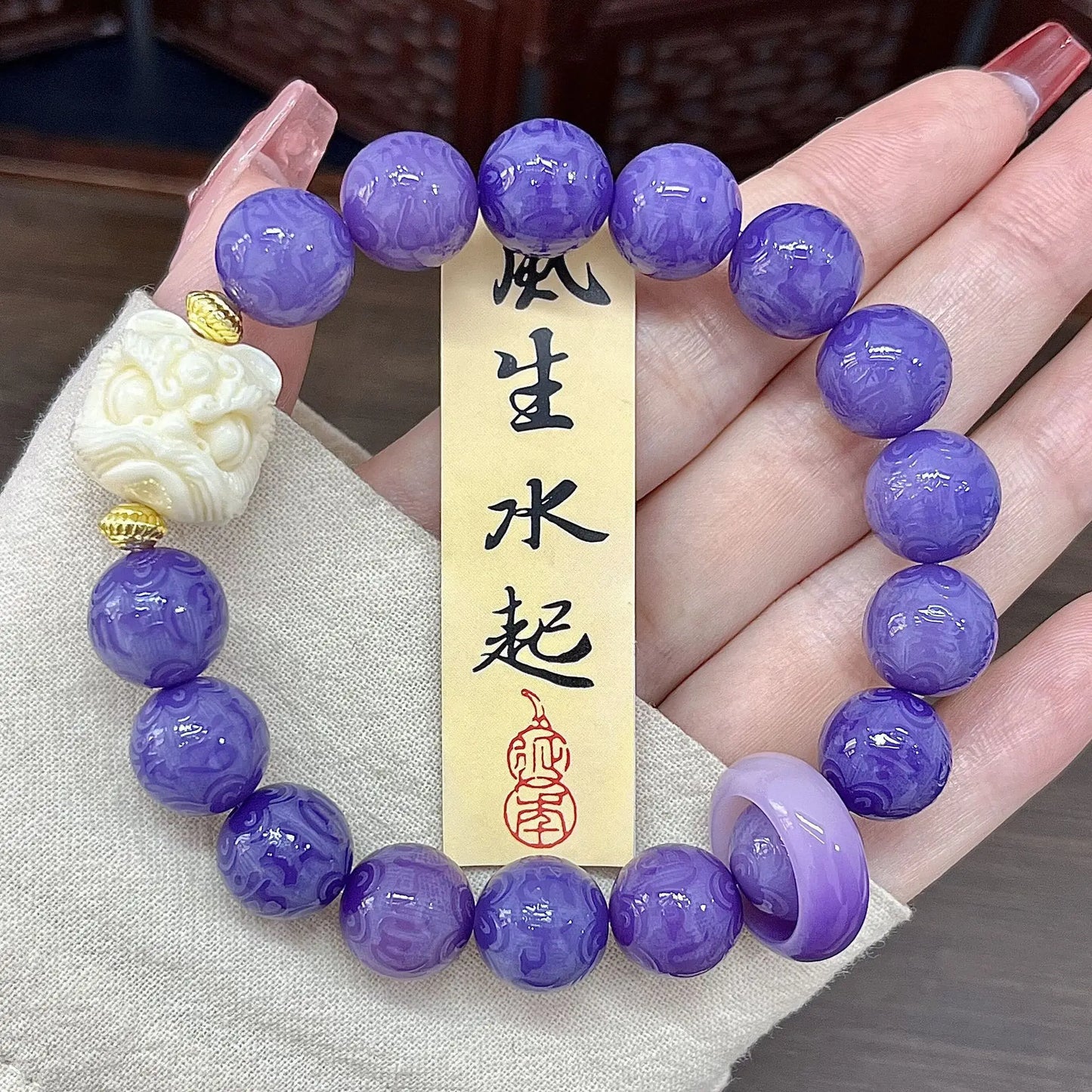 Green Sandalwood Carved Six-Character Mantra Bracelet Student Pliable Temperament Single Circle Sandalwood Wooden Prayer Beads C