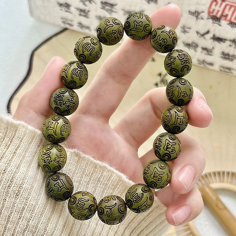 Green Sandalwood Carved Six-Character Mantra Bracelet Student Pliable Temperament Single Circle Sandalwood Wooden Prayer Beads C